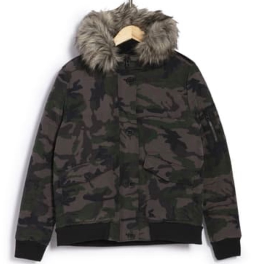 LUCKY BRAND: CAMO Puffer Faux Fur Bomber Jacket